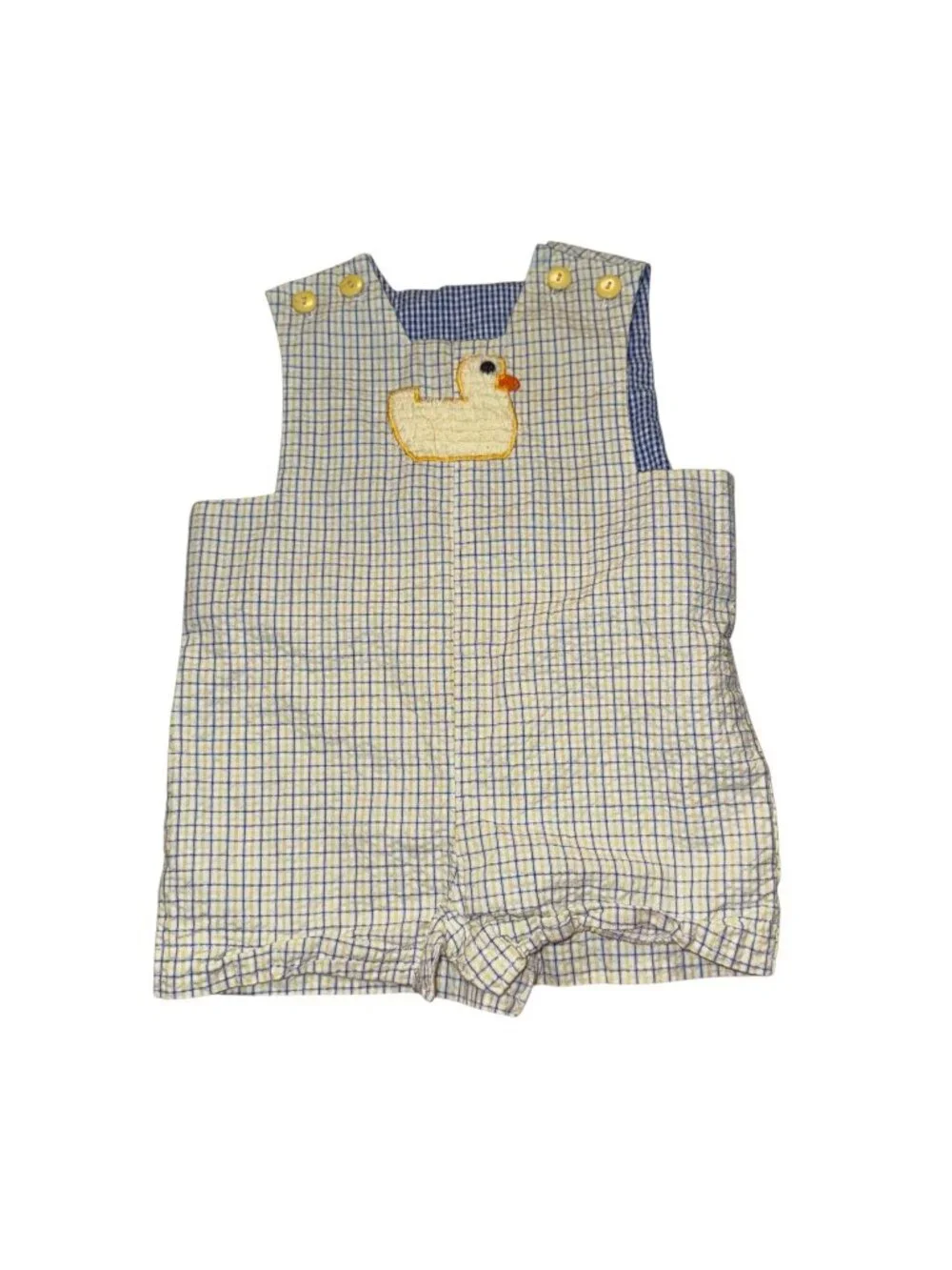 Kracker Jack Kids 9 Mo Baby Romper Yellow & Blue Plaid Duck Embroidery 100% Cott
